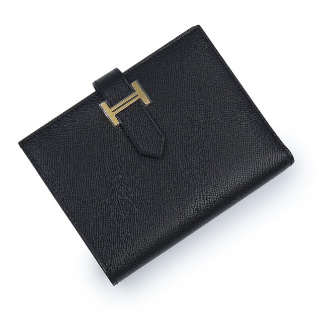 （新品・未使用品）HERMES エルメス ベアン コンパクト ヴォーエプソン Noir ノワール ブラック K刻印 二つ折り財布 レザー ゴールド金具 箱付