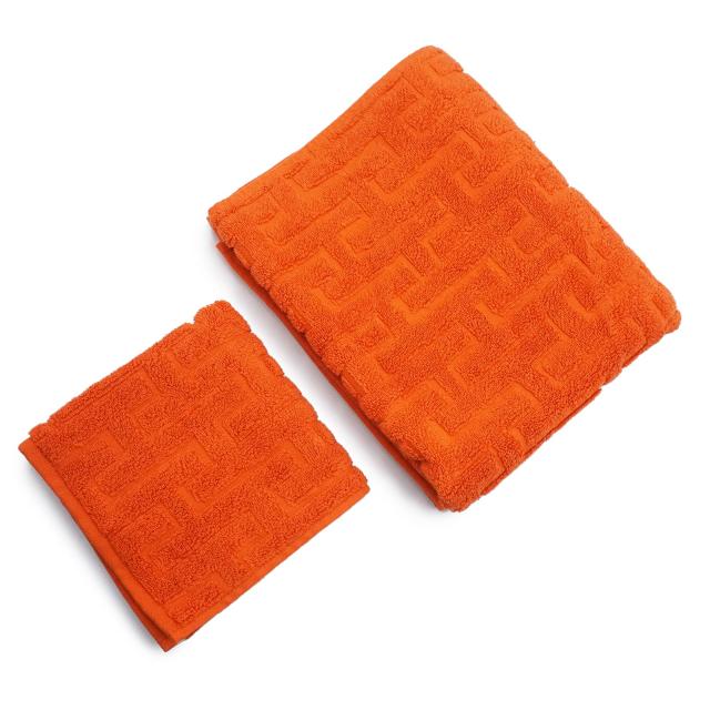 （未使用　展示品）HERMES エルメス ステアーズ 大判 フェイスタオル カレ タオル 32 コットン100％ オランジュフー オレンジ バスタオル ハンカチ 2枚セット 箱付 28,512円