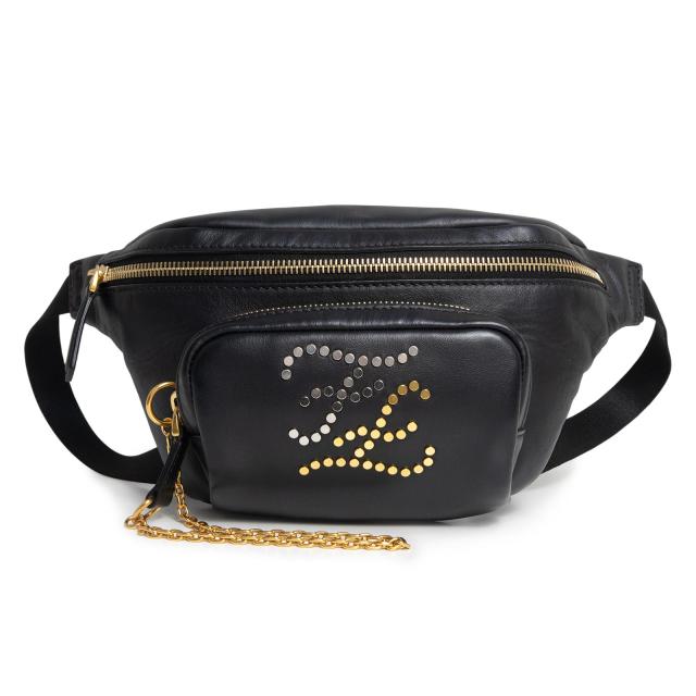 （未使用　展示品）FENDI フェンディ 7VA446 カリグラフィー スタッズ ベルトバッグ レザー ブラック ウエストポーチ ボディバッグ 斜め掛け ゴールド シルバー金具