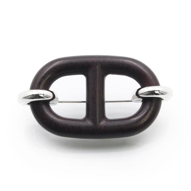 （新品・未使用品）HERMES エルメス シェーヌ ダンクル ヴュルカニウム メタル ブルン ブラウン ブローチ シルバー金具 箱付