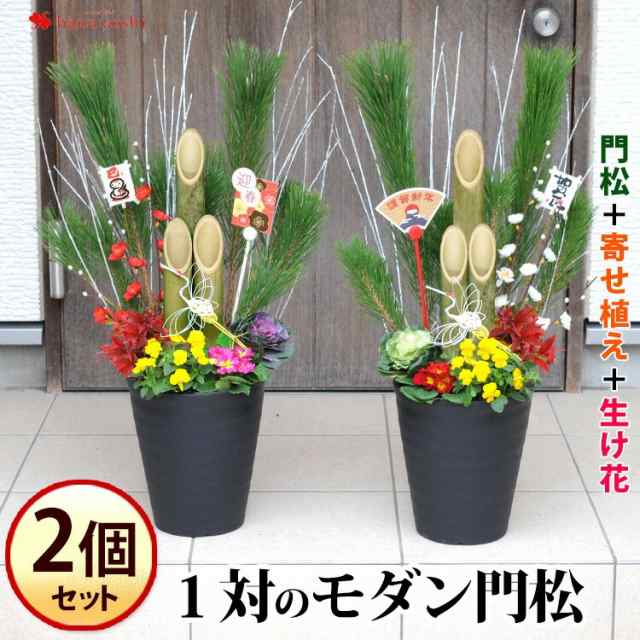 一対の迎春 お正月 モダン門松〜お花も入った寄せ植え仕立て 2個分送料無料＆さらにお得 干支の巳ピックをプレゼント 門松 玄関 正月 花 正月飾り  お正月飾り 年賀 ギフト 巳年 花飾り 2025 12/26〜12/30の間でお届け その他花・観葉植物・盆栽