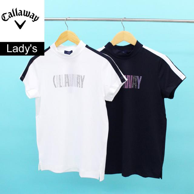 送料無料 Callaway キャロウェイアパレル ゴルフウェア レディースモックネックシャツ ラインストーンロゴ トップス 半袖 ブランド おしゃれ 春夏 ゆうパケ