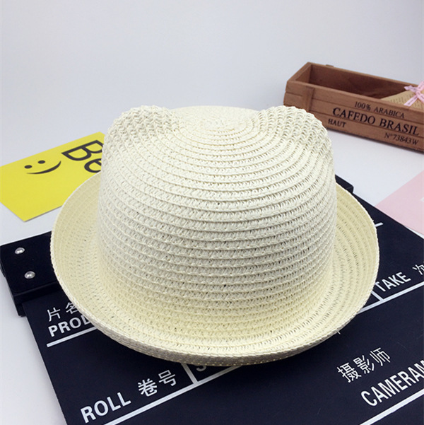 グレー ストローハット キャット型耳付き