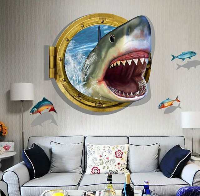 ウォールステッカー 壁紙シール 3d 立体的 飛び出す トリックアート だまし絵 サメ 鮫 シャーク 魚 ルームデコの通販はau Pay マーケット プラスナオ