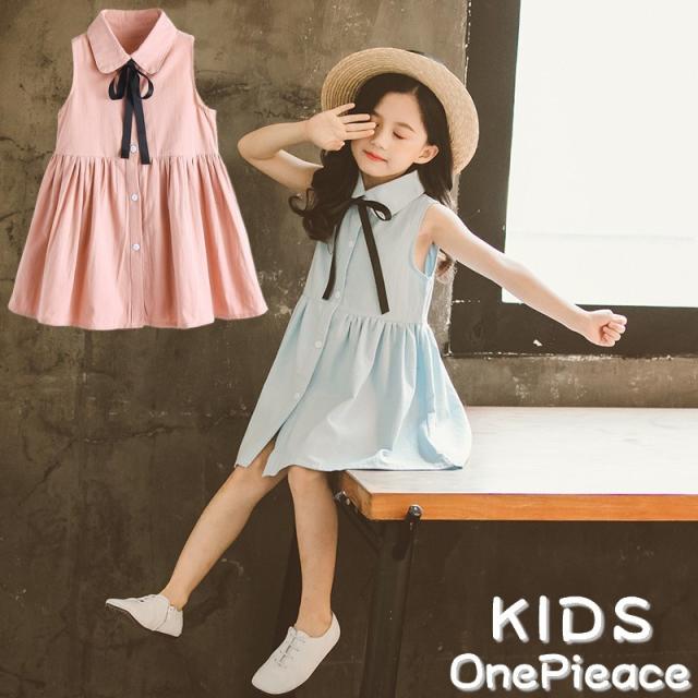 シャツワンピース ノースリーブ スタンダードカラー リボン 前開き ボタン ミニ丈 ショート丈 子供服 キッズ ジュニア フレアの通販はau Pay マーケット プラスナオ
