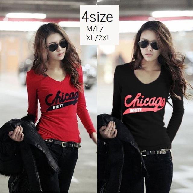 長袖tシャツ レディース トップス カットソー Vネック プリント レッド ブラック カジュアル おしゃれ かっこいい スリムの通販はau Pay マーケット プラスナオ