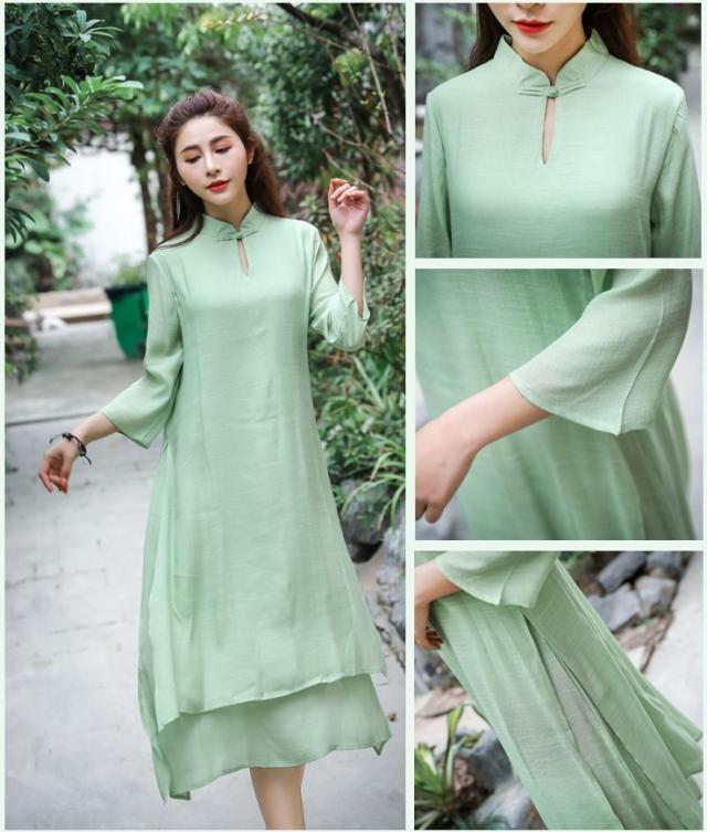 ワンピース 七部袖 Aライン ロングワンピース コットン アオザイ風 スタンドカラー チャイナカラー 重ね着風 白 緑 無地 レの通販はau Pay マーケット プラスナオ