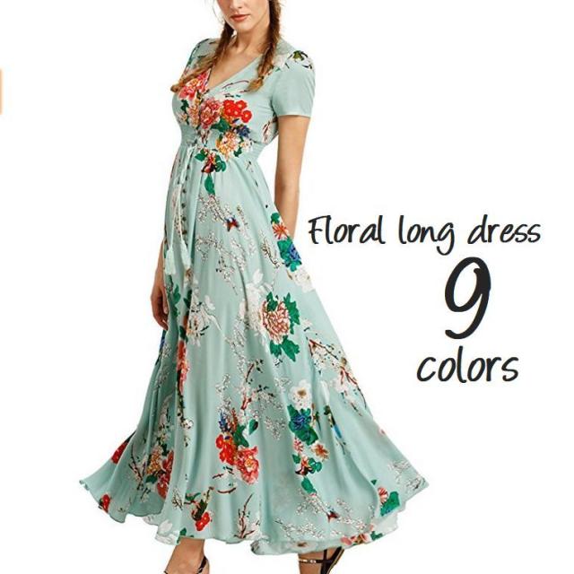 ワンピース マキシ丈 ロング丈 ブイネック 半袖 七分袖 柄 お花 フラワー 大人っぽい リボンの通販はau Pay マーケット プラスナオ