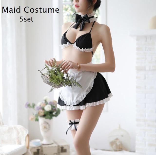 メイド服 コスチューム 5点セット ブラジャー エプロン ミニスカート チョーカー 脚リング 白 黒 メイド コスプレ 衣装 仮の通販はau Pay マーケット プラスナオ