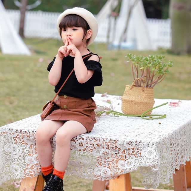 カットソー トップス 子供用 キッズ ベビー 女の子 半袖 肩出し フレアスリーブ クルーネック 春夏 無地 かわいい ホワイト