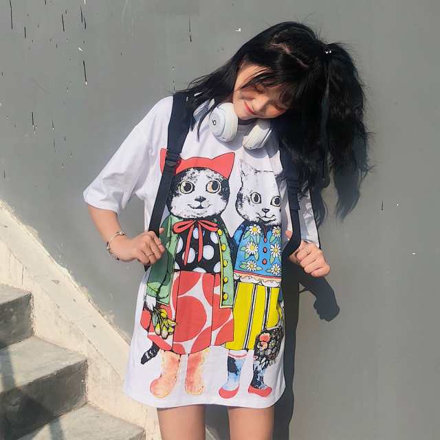 Tシャツ レディース 女性 半袖 カットソー ラウンドネック 長め丈 チュニック イラスト入り 猫 絵本風 かわいい おしゃれ の通販はau Pay マーケット プラスナオ