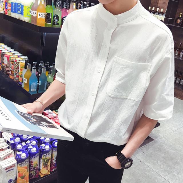5分袖シャツ 半袖シャツ ノーカラーシャツ メンズ 男性用 トップス クールビズ 夏 無地 シンプル 襟なし 衿なし 定番 ベーの通販はau Pay マーケット プラスナオ
