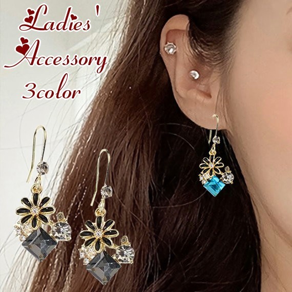 フックピアス レディース アクセサリー ラインストーン カラーストーン スクエア 花 揺れる かわいい 小さい 白 青 黒の通販はau Pay マーケット プラスナオ