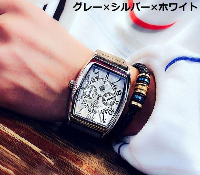 腕時計 ウォッチ メンズ 強化ガラス ステンレス PUレザー トノー