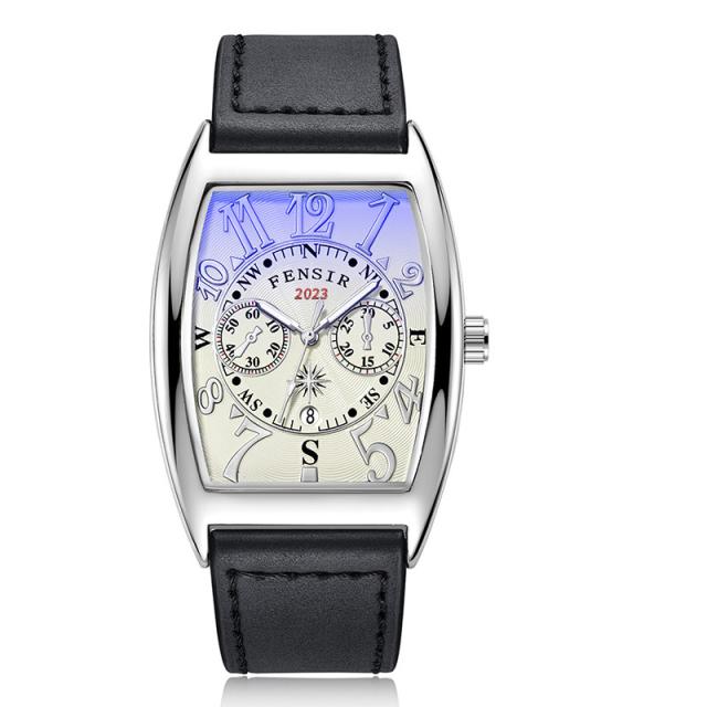 腕時計 ウォッチ メンズ 強化ガラス ステンレス PUレザー トノー型