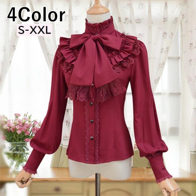 長袖ブラウス シフォンブラウス スタンドカラーブラウス フリルブラウス リボンタイブラウス レディース トッ