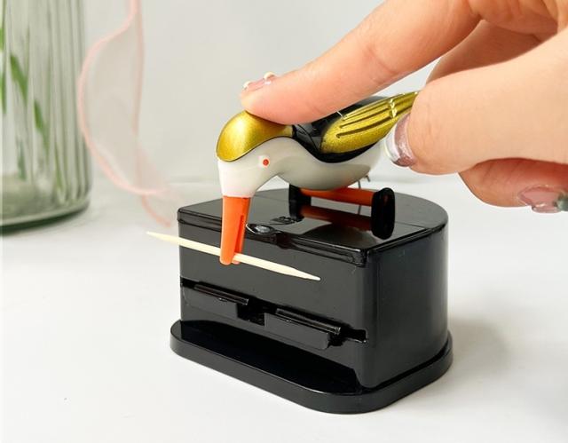 爪楊枝入れ 爪楊枝入れ 爪楊枝ホルダー ワンプッシュ式 鳥 黒 白 金色