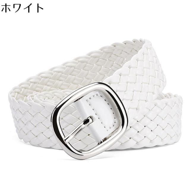 ホワイト編み込みベルト 丸型バックル　本革　白 メッシュベルト 太ベルト レディース PUレザー 編み込み 幅広 ウエスト