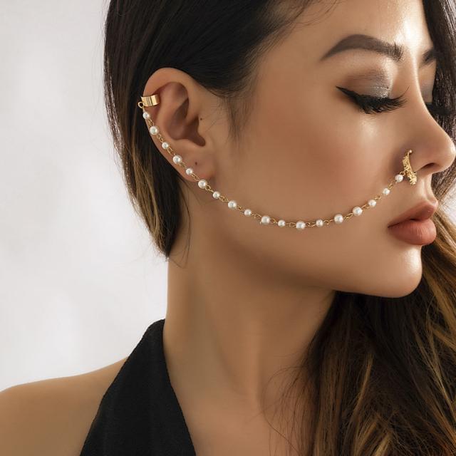 すぐ届く☆ZARA フェイクパール付きイヤーカフピアスセット ピアス イヤーカフ 鼻ピアス フェイクピアス チェーン付き