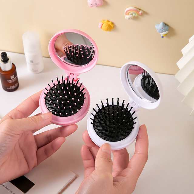 ヘアブラシ 折りたたみ ミラー付き 鏡 くし クシ 櫛 折り畳み