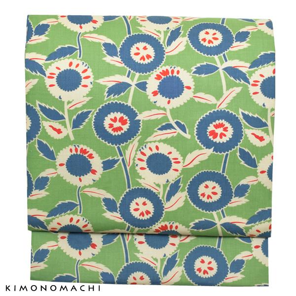 京都きもの町オリジナル  カジュアル帯 洒落帯 木綿 名古屋帯「リーフグリーン レトロフラワー」九寸帯ss2512ong25