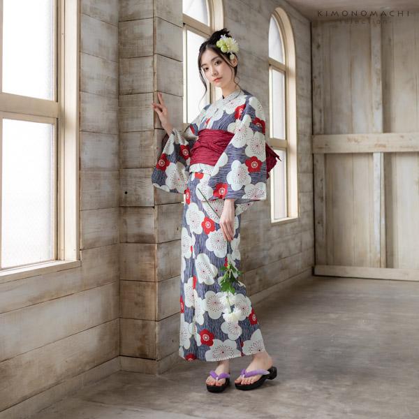 浴衣 単品 レディース 「紺色 変わり縞に梅」 女性浴衣単品