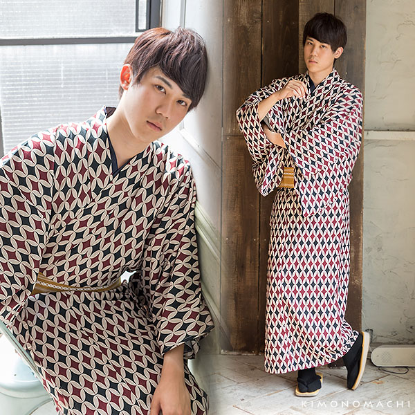 浴衣 メンズ 男性 夏着物 ポリエステル 「ダイヤ七宝 赤」 サイズ M/L