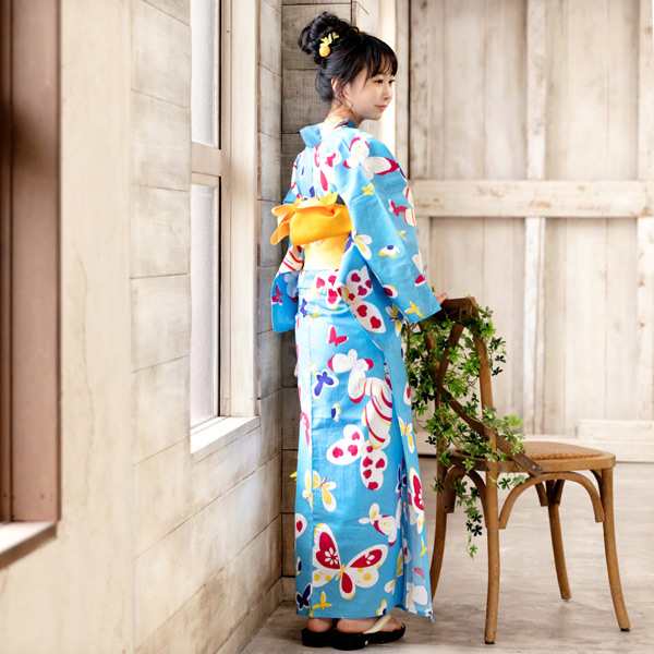 京都きもの町オリジナル 浴衣単品「水色 蝶々」お仕立て上がり浴衣浴衣