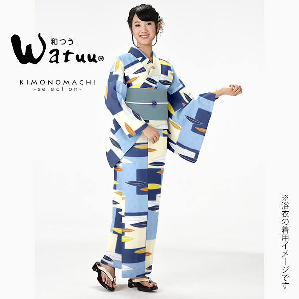 和つう 浴衣単品「ブルー、クリーム スクエアにリーフ」ブランド浴衣