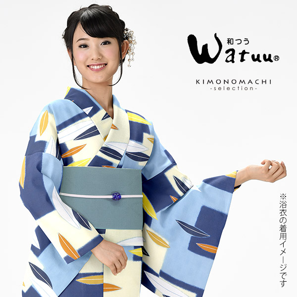 和つう 浴衣単品「ブルー、クリーム スクエアにリーフ」ブランド浴衣単品 レディース 浴衣単品 変わり織り浴衣 ss2512ykl35 和つう 浴衣単品「ブルー、クリーム スクエアにリーフ」ブランド浴衣