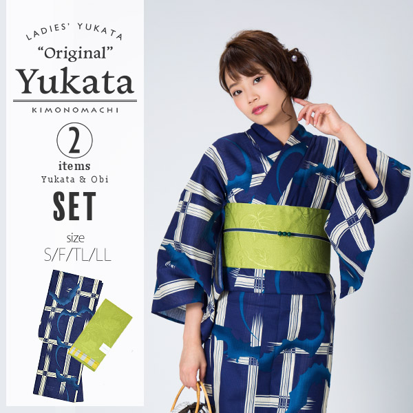 KIMONOMACHI 浴衣セット「紺色 格子にコウモリ」浴衣、浴衣帯 S、F、TL、LL 京都きもの町オリジナル 綿浴衣 [送料無料]ss2512ykl35