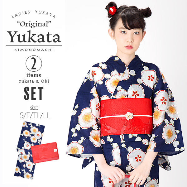 KIMONOMACHI 浴衣セット「紺色 梅」浴衣、浴衣帯 S、F、TL、LL 京都きもの町オリジナル 綿浴衣 [送料無料]ss2512ykl25
