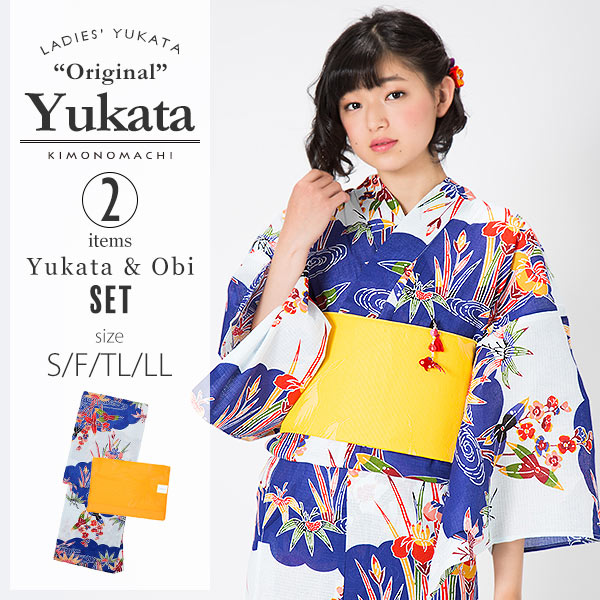 KIMONOMACHI 浴衣セット「青色 紅型風雲に草花」S,F（フリー）,TL,LL 女性浴衣セット ss2512ykl15