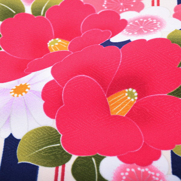 二尺袖 着物単品 フリーサイズ 日本製「紺色×赤 縞に椿、梅」 ＜H＞