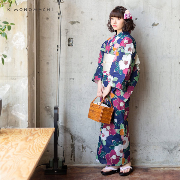 浴衣 レディース 単品「椿 紺」S F TL LL サイズ KIMONOMACHI