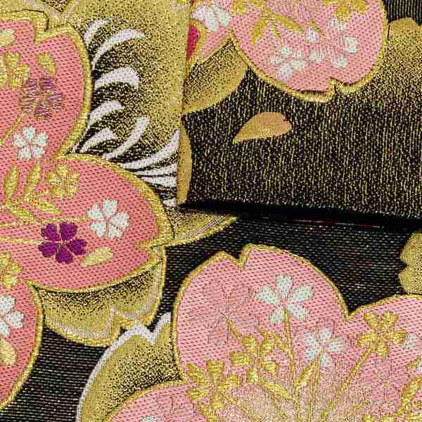 振袖 帯 「黒地 薄紅桜」 日本製 西陣織 証紙番号2409 絹 未仕立て 六 