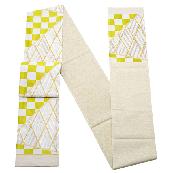 【Prices down2】振袖 帯 「縞市松 白×ライム」 日本製 西陣織 証紙番号2392 絹 未仕立て 六通柄 振袖用 袋帯 振袖帯 【メール便不可】＜T＞ss2512ofk30 Prices down2】振袖 帯 「縞市松 白×ライム」 日本製 西陣織 証紙番号