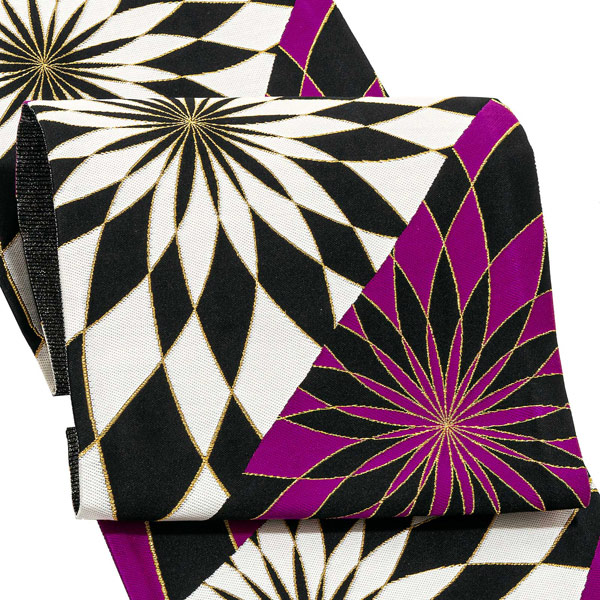 【Prices down2】振袖 帯 「紫、黒 スパイラル菊」 日本製 西陣織 証紙番号2392 絹 未仕立て 六通柄 振袖用 袋帯 振袖帯 【メール便不可】＜T＞ss2512ofk30