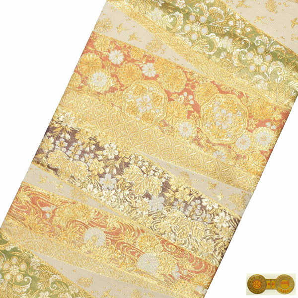 【Prices down2】礼装 袋帯 フォーマル 「生成り色地 横段 華紋」 日本製 西陣織 西陣織証紙番号No.2362 大光株式会社 絹 未仕立て 六通柄 訪問着用 色留袖用 礼装袋帯 【メール便不可】＜T＞ss2512ofk40 Prices down2】礼装 袋帯 フォーマル 「生成り色地 横段 華紋」 日本製