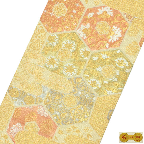 【Prices down2】礼装 袋帯 フォーマル 「生成り色地 雲に亀甲、華紋」 日本製 西陣織 西陣織証紙番号No.1810 浅田叡一織物 絹 未仕立て 六通柄 訪問着用 色留袖用 礼装袋帯 【メール便不可】＜T＞ss2512ofk40 Prices down2】礼装 袋帯 フォーマル 「生成り色地 雲に亀甲、華紋