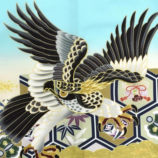 七五三 着物 男の子 5歳 羽織・着物アンサンブル 「鷹 水色系」 小柄な