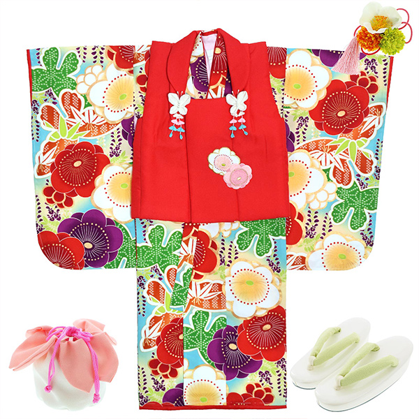 七五三 着物 3歳 ブランド被布セット ぷちぷり 「赤 蝶竹梅赤 #B4