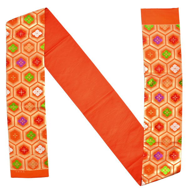 七五三 帯 7歳用 正絹袋帯「朱色 亀甲花菱文」未仕立て 西陣特選 袋帯