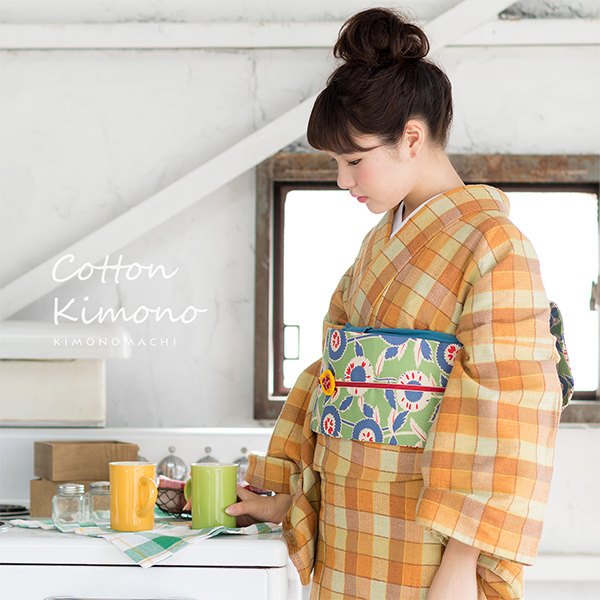 木綿着物prices Down 洗える着物 木綿着物 単品 キャラメルチェック お仕立て上がり オリジナル レディース 単衣着物 コットン プレの通販はau Pay マーケット 京都きもの町