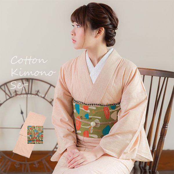 木綿着物prices Down 洗える着物 木綿着物と木綿名古屋帯の2点セット 杢ピンクベージュ キノコ サイズ S M L Tl Ll Kimonomachi オリの通販はau Pay マーケット 京都きもの町