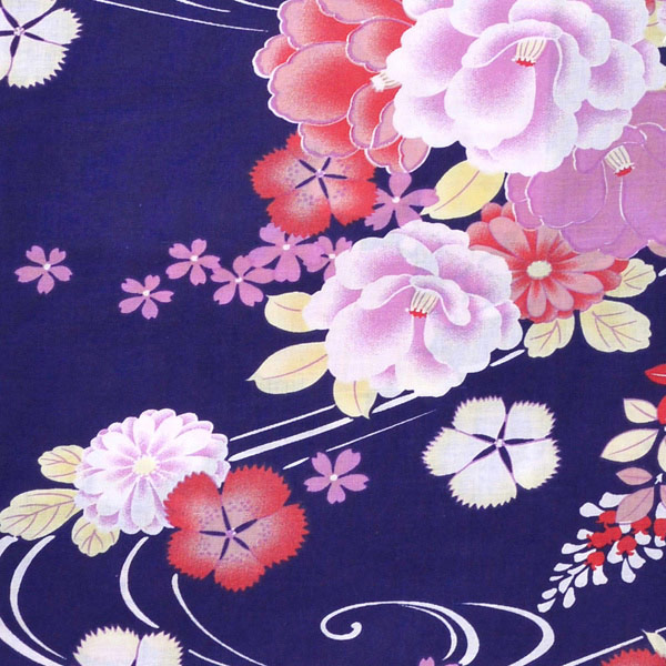 浴衣 レディース 単品「紺地に花と流水」フリーサイズ yukata 【メール