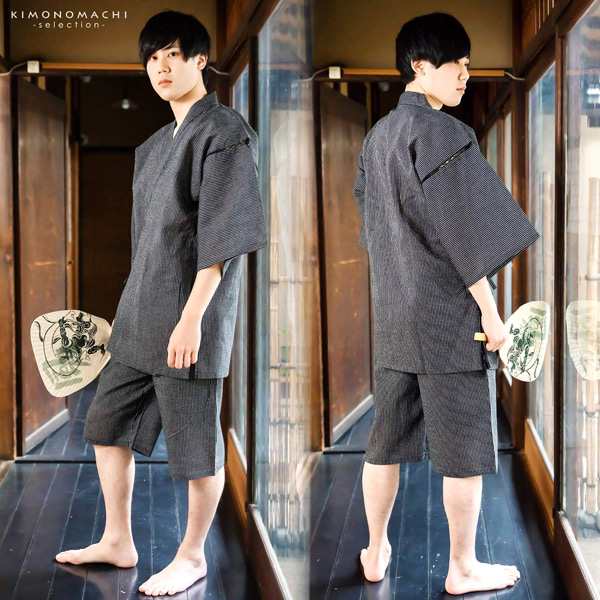 甚平 No.102 黒 グレー 縞 L 男性 男物 紳士 メンズ 父の日 敬老