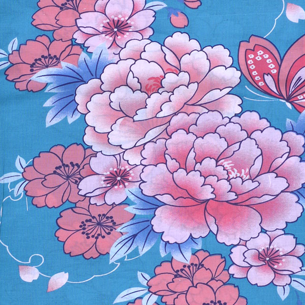 浴衣 レディース 単品「夏ごころ浴衣 青緑×桃色 牡丹と蝶