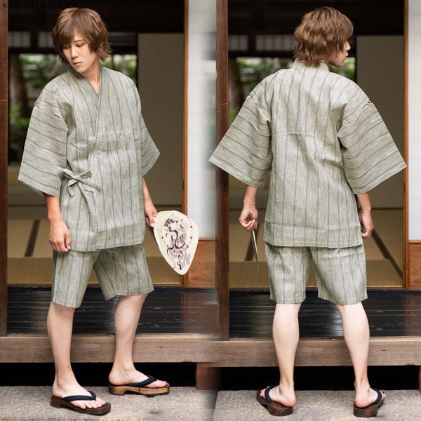 甚平 メンズ「しじら織り 綿麻甚平と雪駄とうちわの竹籠入りギフトセット 全5柄 6サイズ S M L LL 2L 3L 4L」 甚平 大きいサイズ 父の日 敬老の日 男性 プレゼント 綿麻甚平【送料無料】【メール便不可】　f_fashion 甚平 メンズ「しじら織り 綿麻甚平と雪駄とうちわの竹籠入りギフト