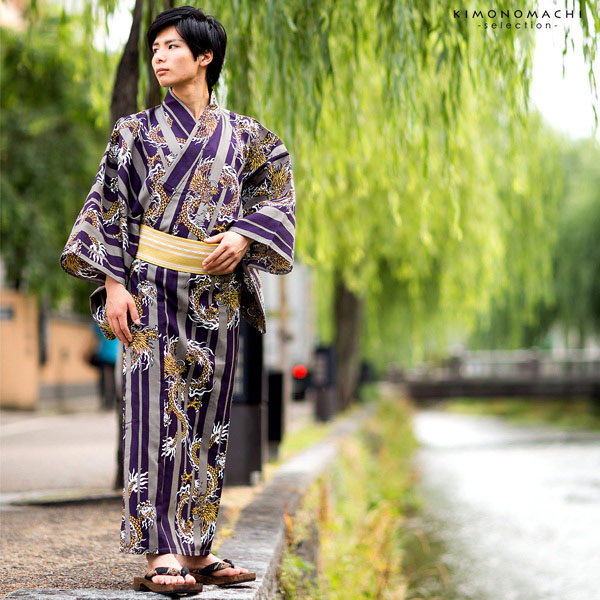 Prices down】浴衣 メンズ 単品「男浴衣 きもの町 グレー×紫 縞